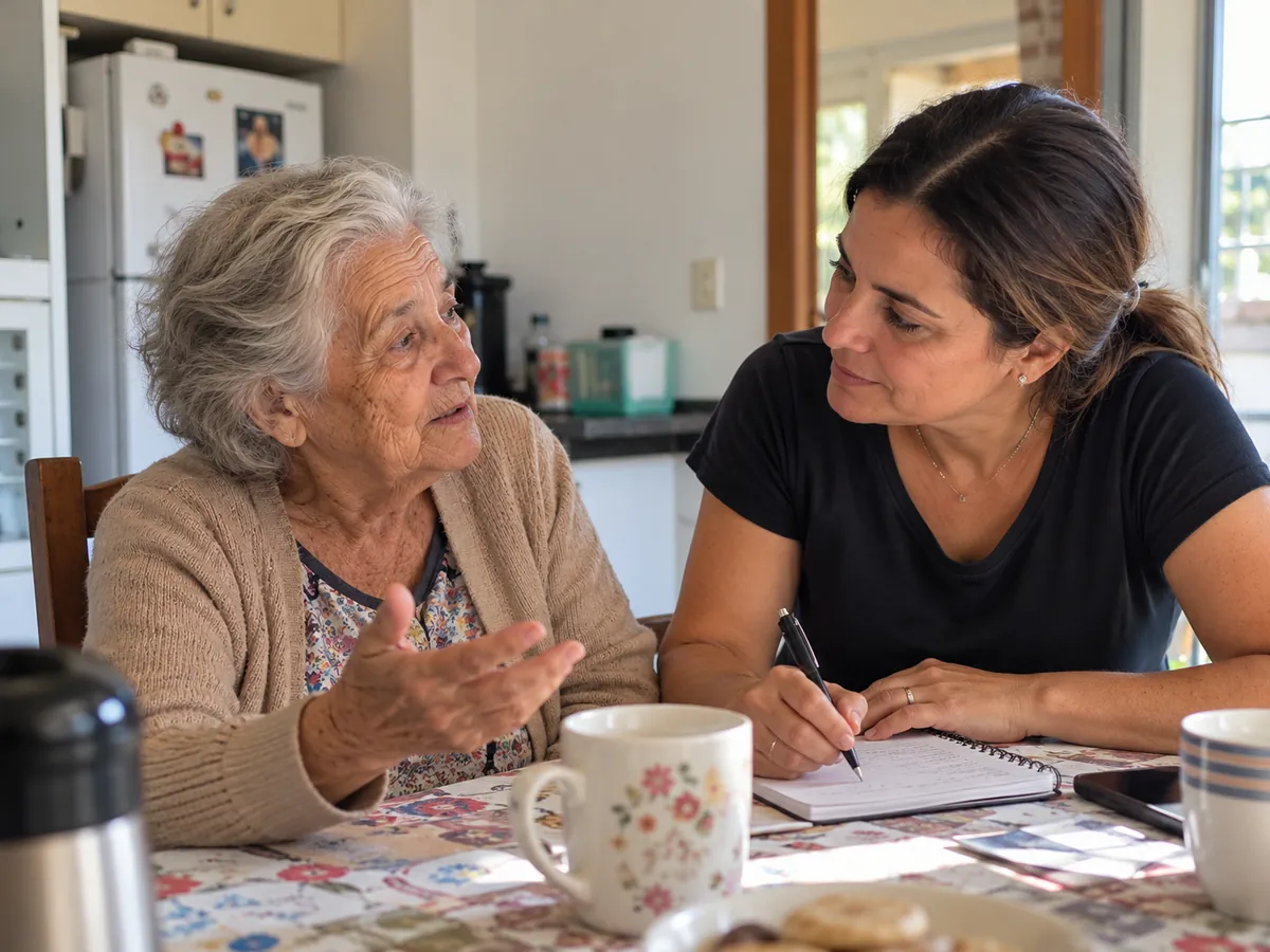 Mulher jovem sentada à mesa da cozinha anota em um caderno enquanto escuta atentamente uma senhora idosa que conversa e gesticula